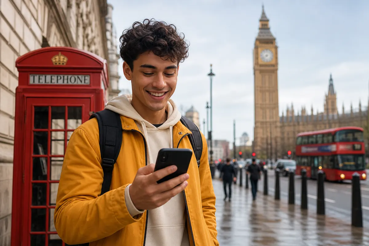 Student traveler using connected smartphone in London.