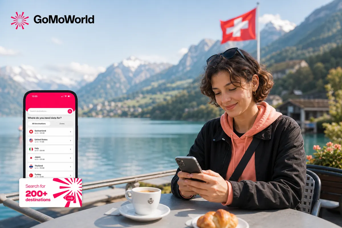 Traveler using their smartphone to manage their internet connection in Switzerland.