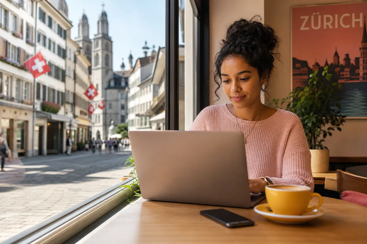 Student using mobile hotspot in a cafe in Zurich.