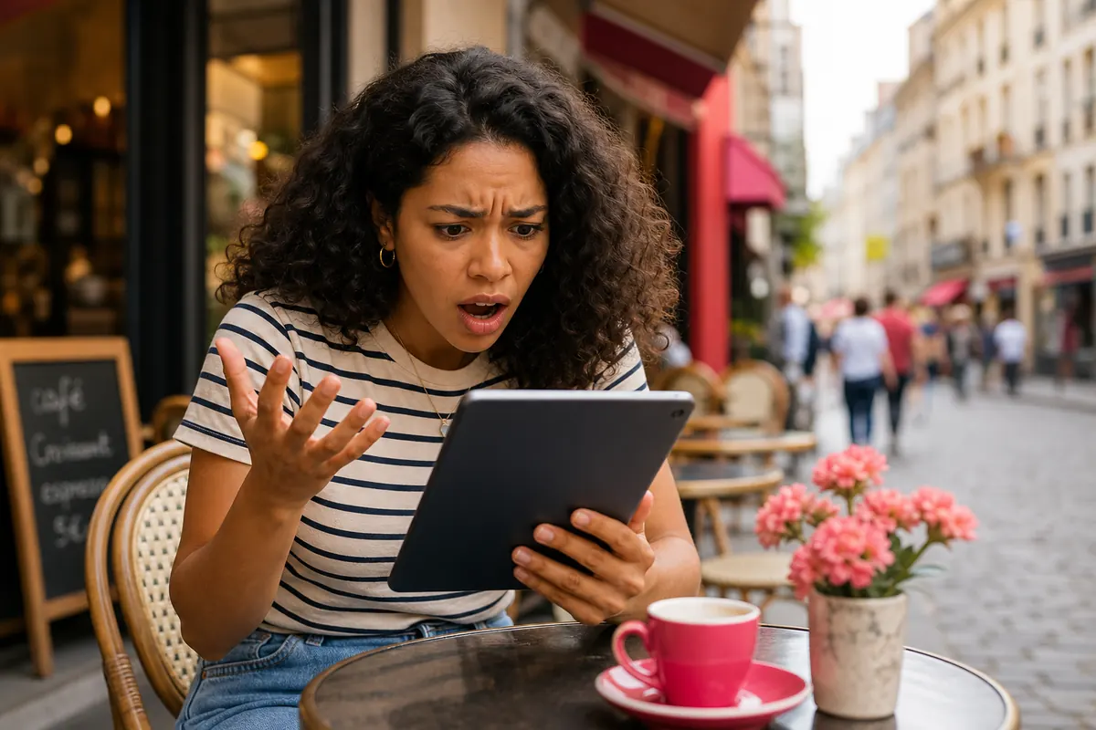 Traveler worried about roaming charges on their iPad at a cafe terrace.