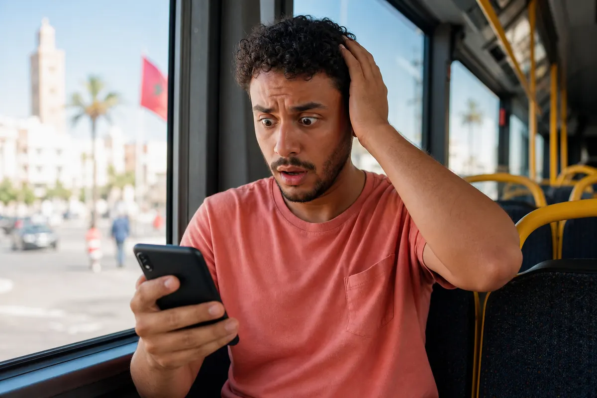 Worried traveler looking at roaming charges on their smartphone in Morocco.