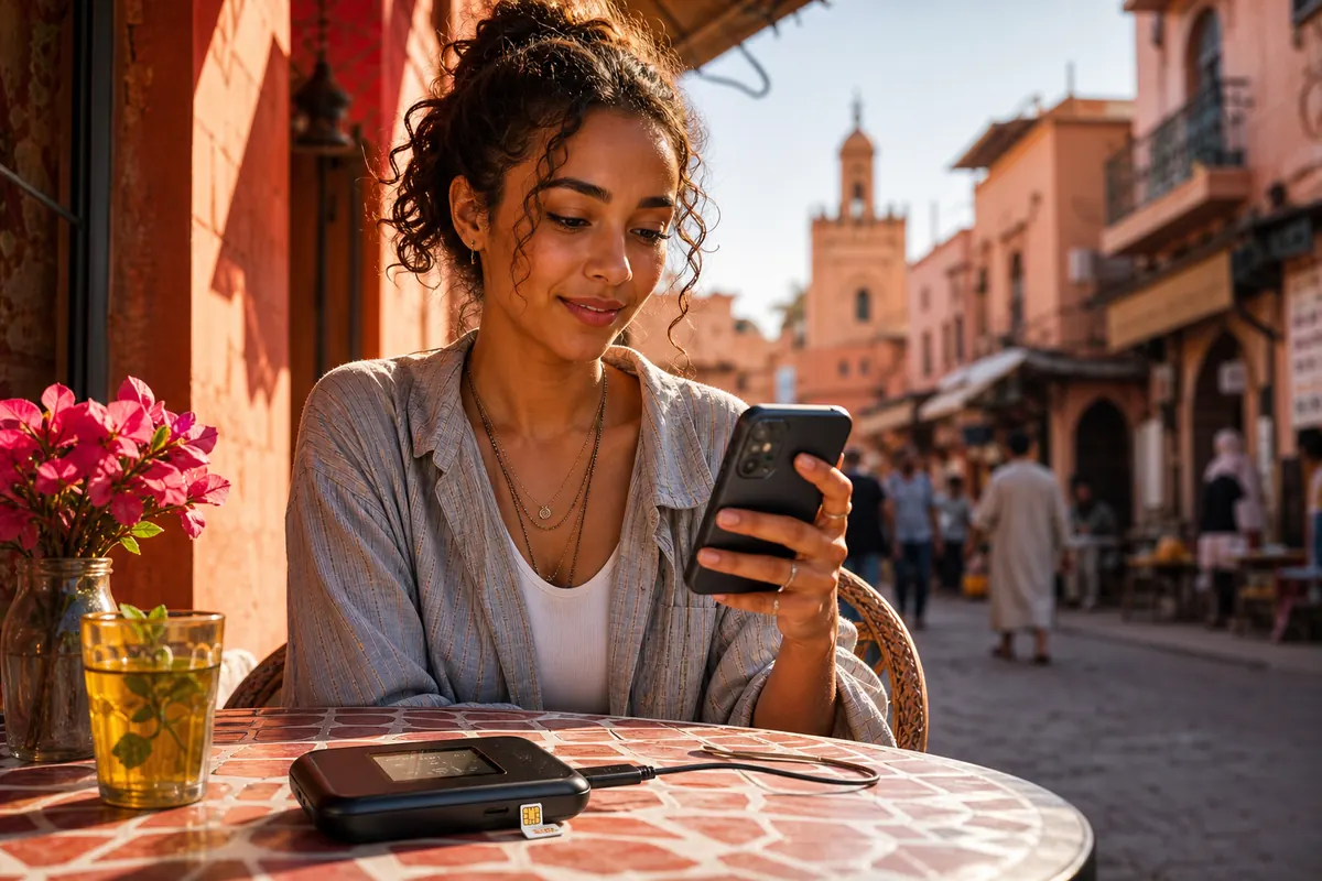 Traveling student in Morocco with smartphone, pocket wifi, and SIM card on a desk.
