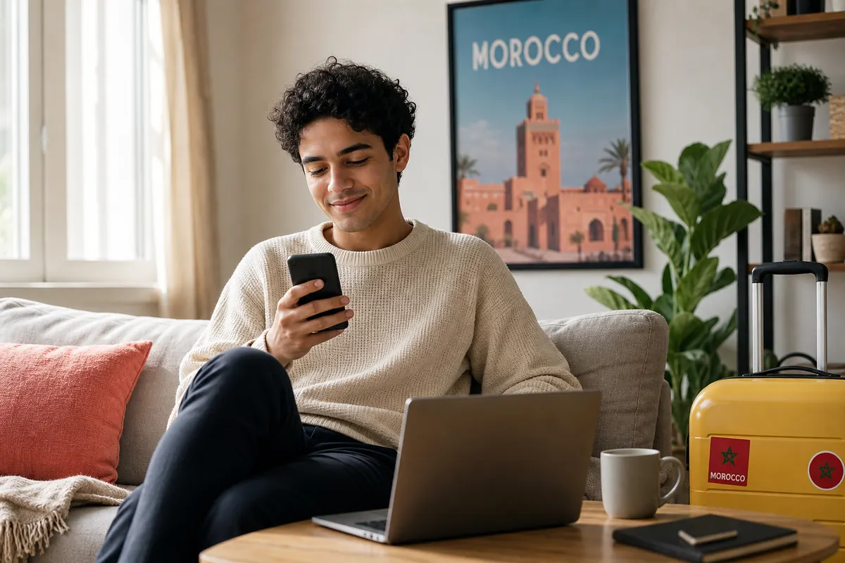 Student setting up their internet connection for Morocco on a smartphone.