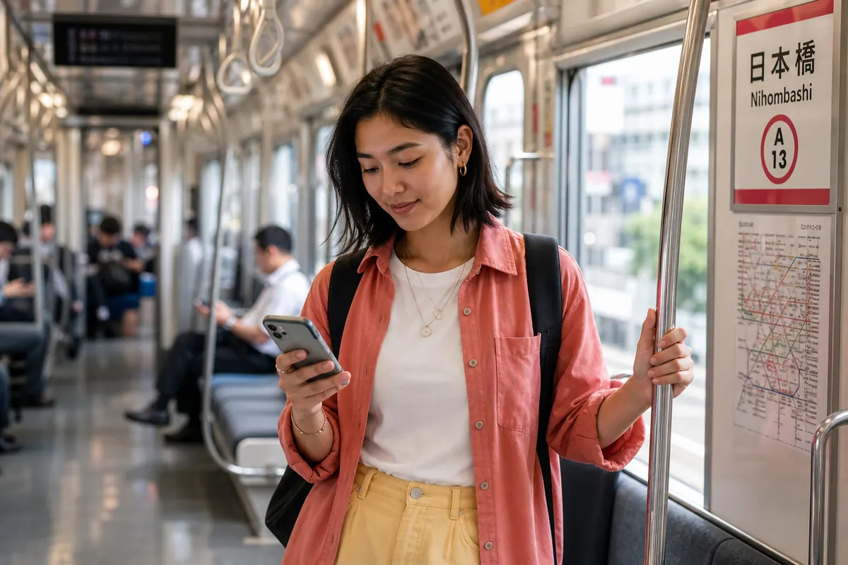 Traveler using internet on their smartphone in the Japanese subway