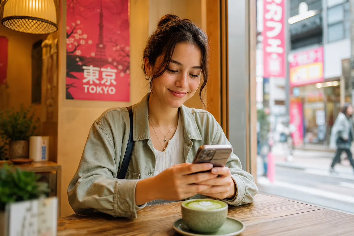 Connected traveler looking at their smartphone with a matcha latte in Japan.