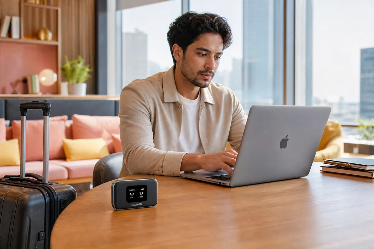 Pocket WiFi device and laptop on a professional meeting table.