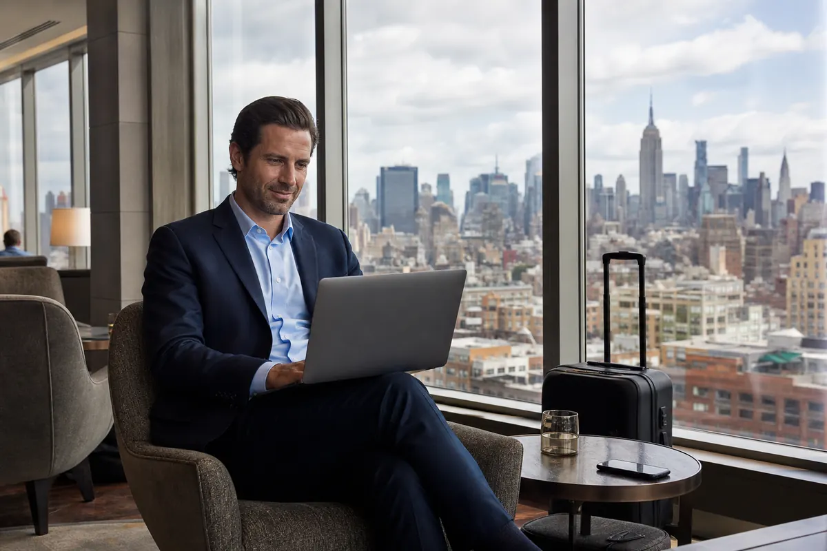 Professional on a business trip working on a laptop using a smartphone hotspot connection.