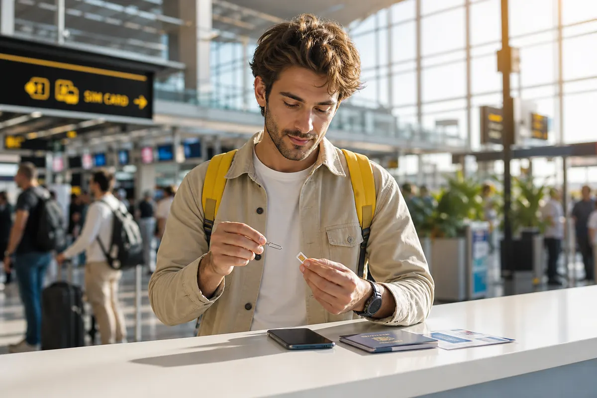 Traveler handling a physical SIM card at an airport in Brazil.