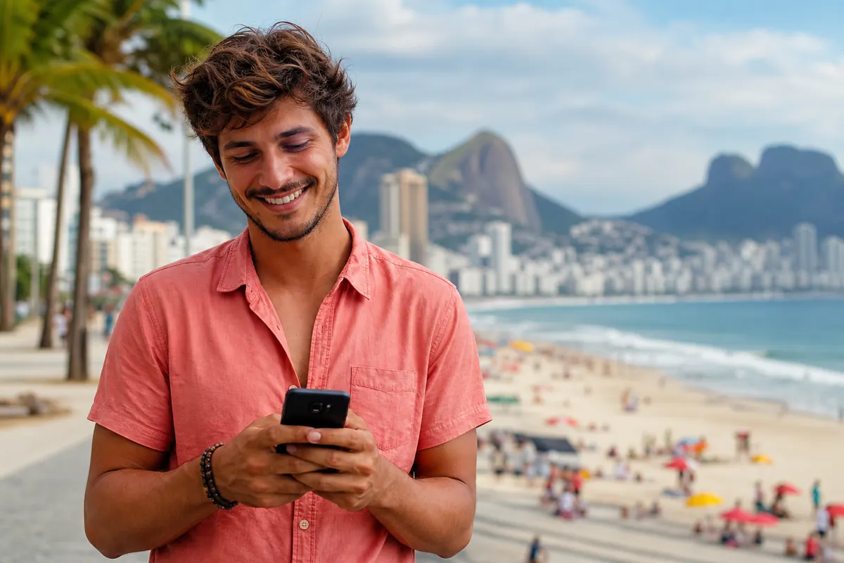 Traveler using an eSIM on their smartphone in Copacabana, Brazil.