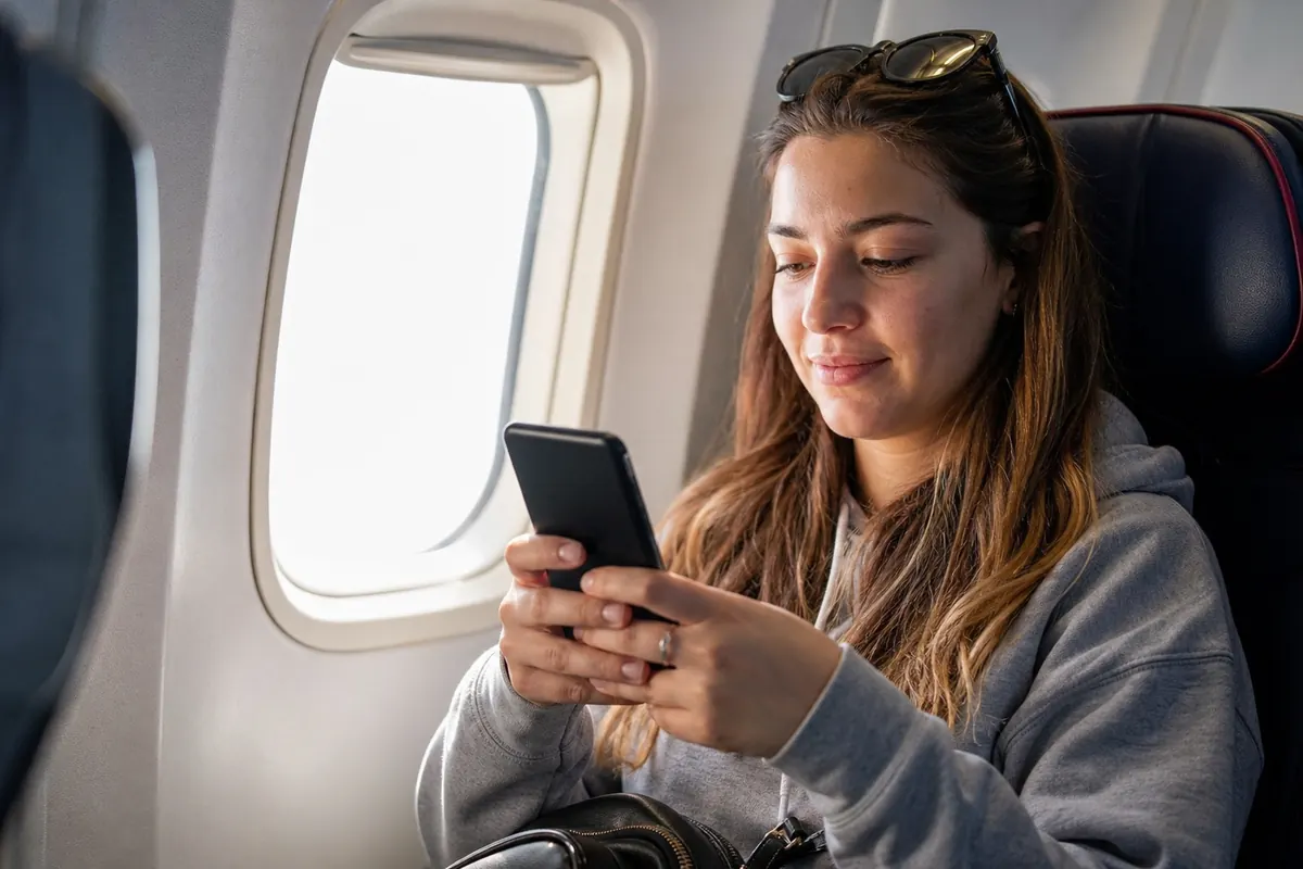 Traveler configuring their eSIM on a smartphone from their airplane seat.