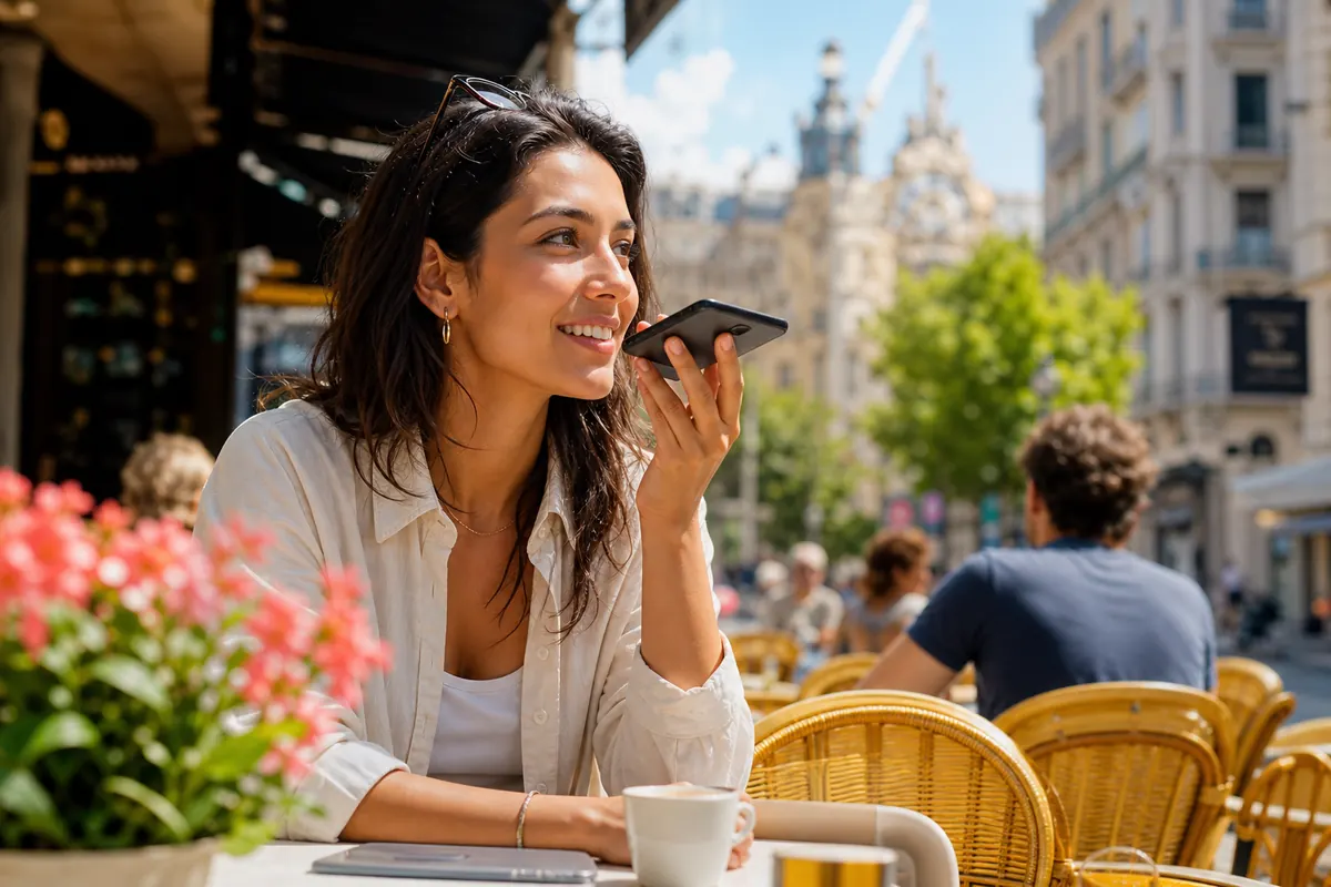 Traveler using WhatsApp on their smartphone without roaming charges abroad.