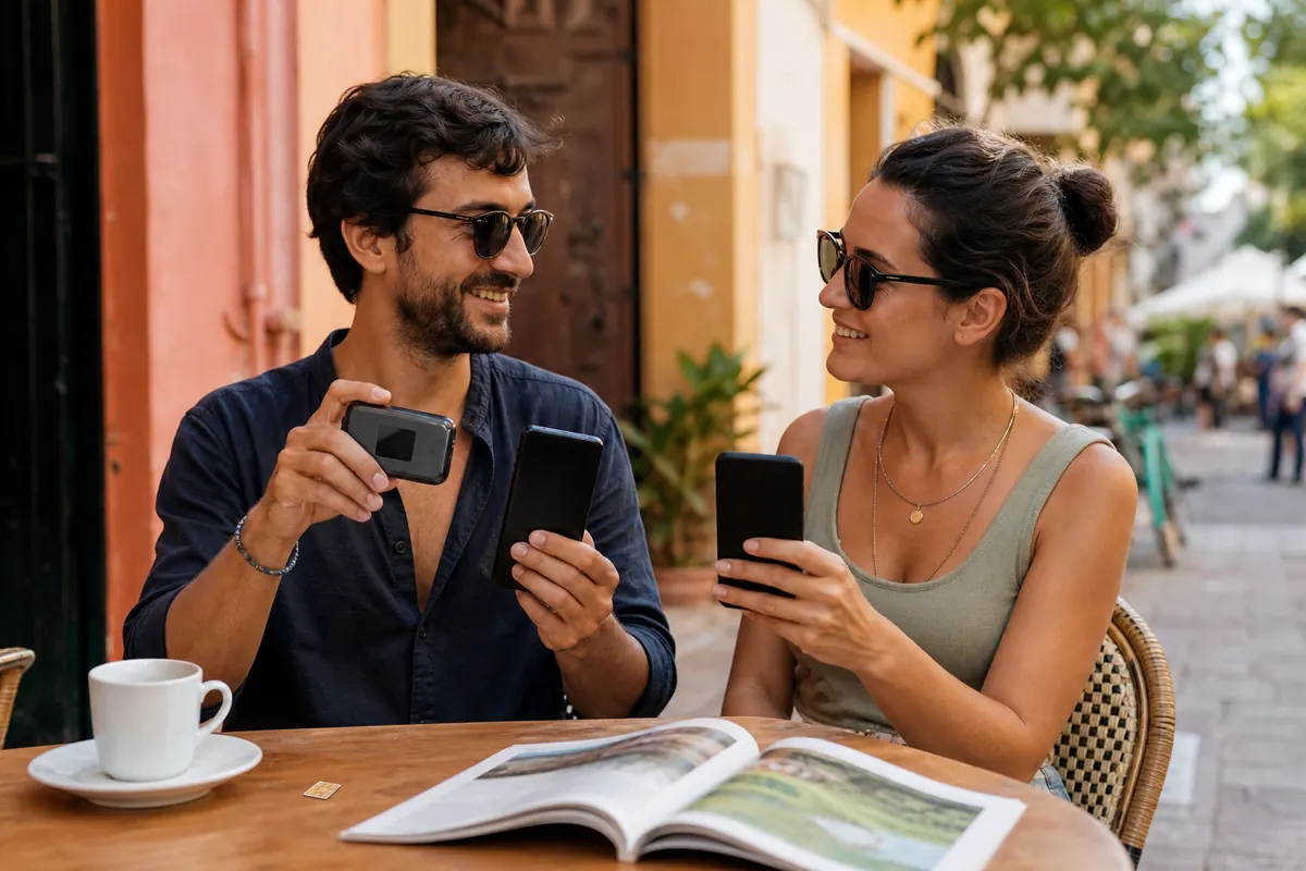 Family using an eSIM on smartphone during a trip to Mexico.