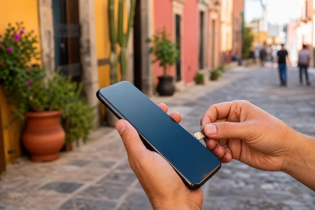 Traveler in Mexico activating their eSIM plan on their smartphone.