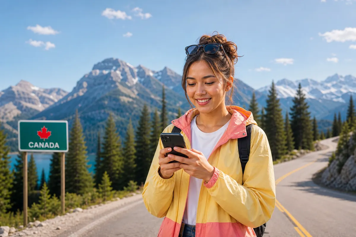 Traveler connected with their smartphone during an RV road trip in Canada.