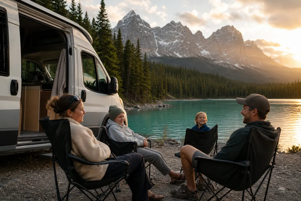 Family connected on a tablet in front of an RV during a road trip in Canada.