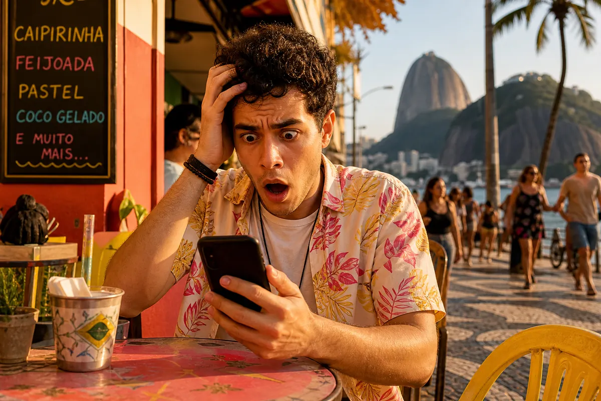 Traveler looking at their smartphone, shocked by roaming charges in Brazil.
