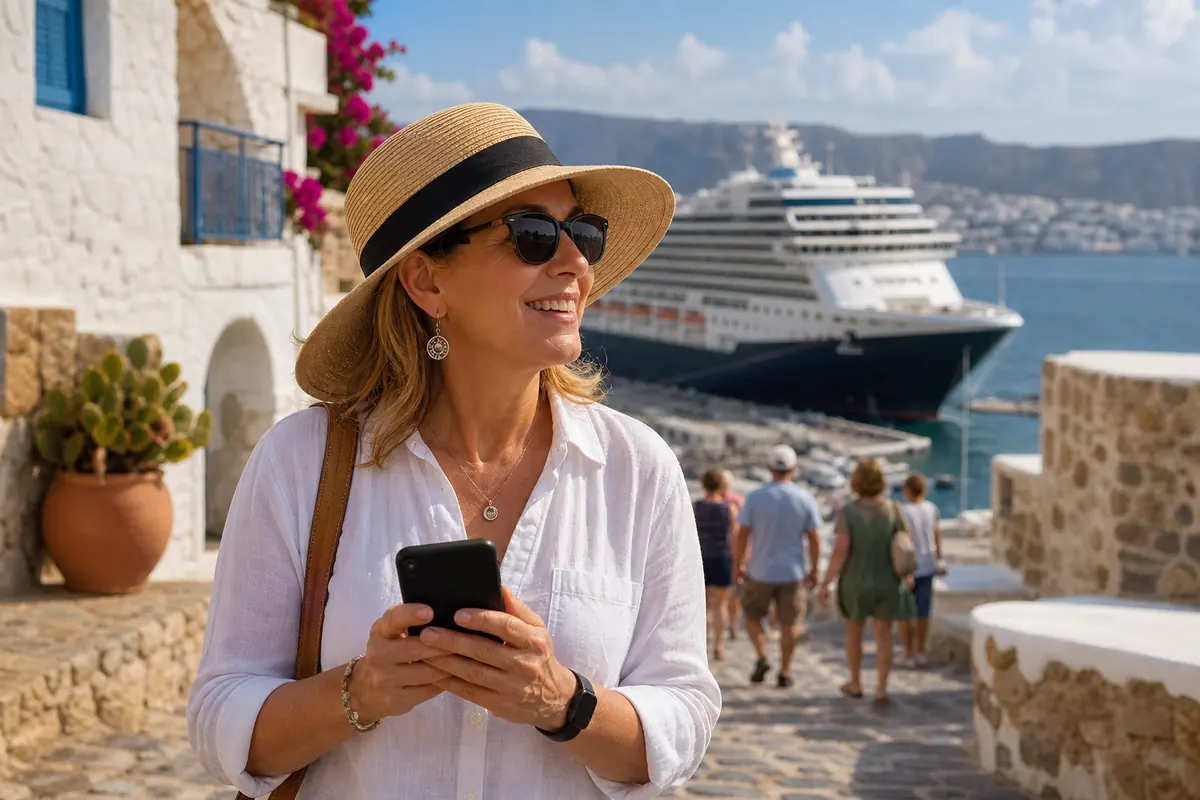 Relaxed traveler activating their eSIM plan on a smartphone during a port call.