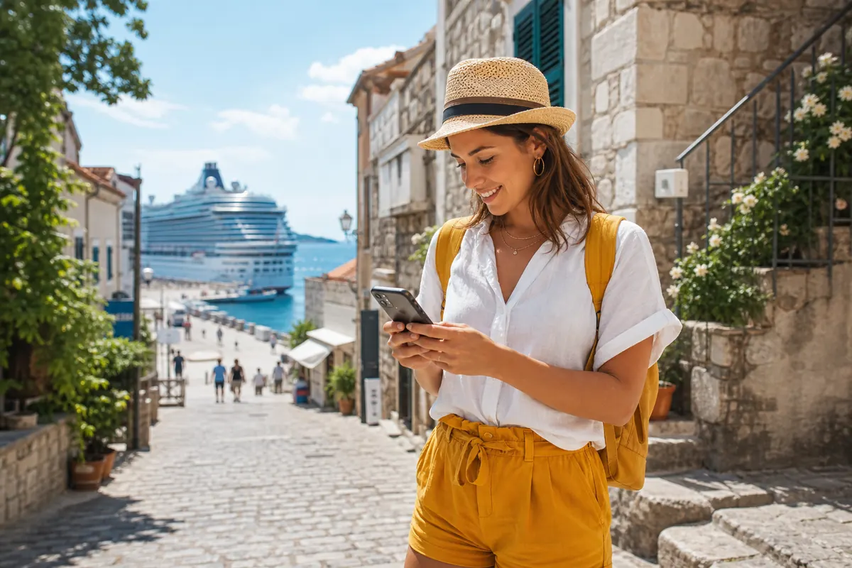 Traveler checking their phone during a Mediterranean port call with an eSIM.