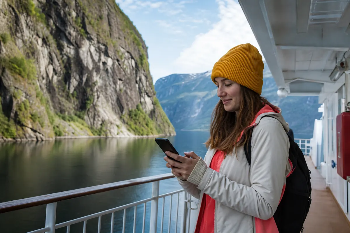Traveler connected on their smartphone cruising the Norwegian fjords.