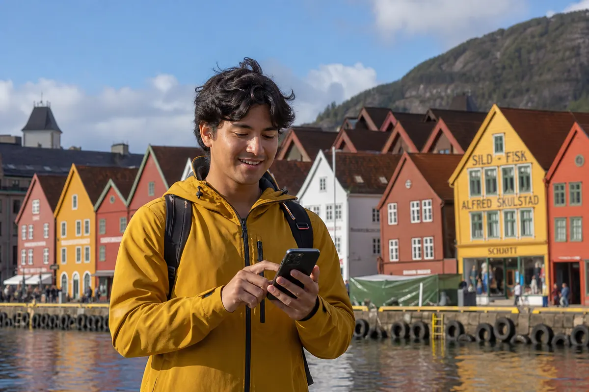 Traveler activating smartphone connection at Bryggen port in Bergen.