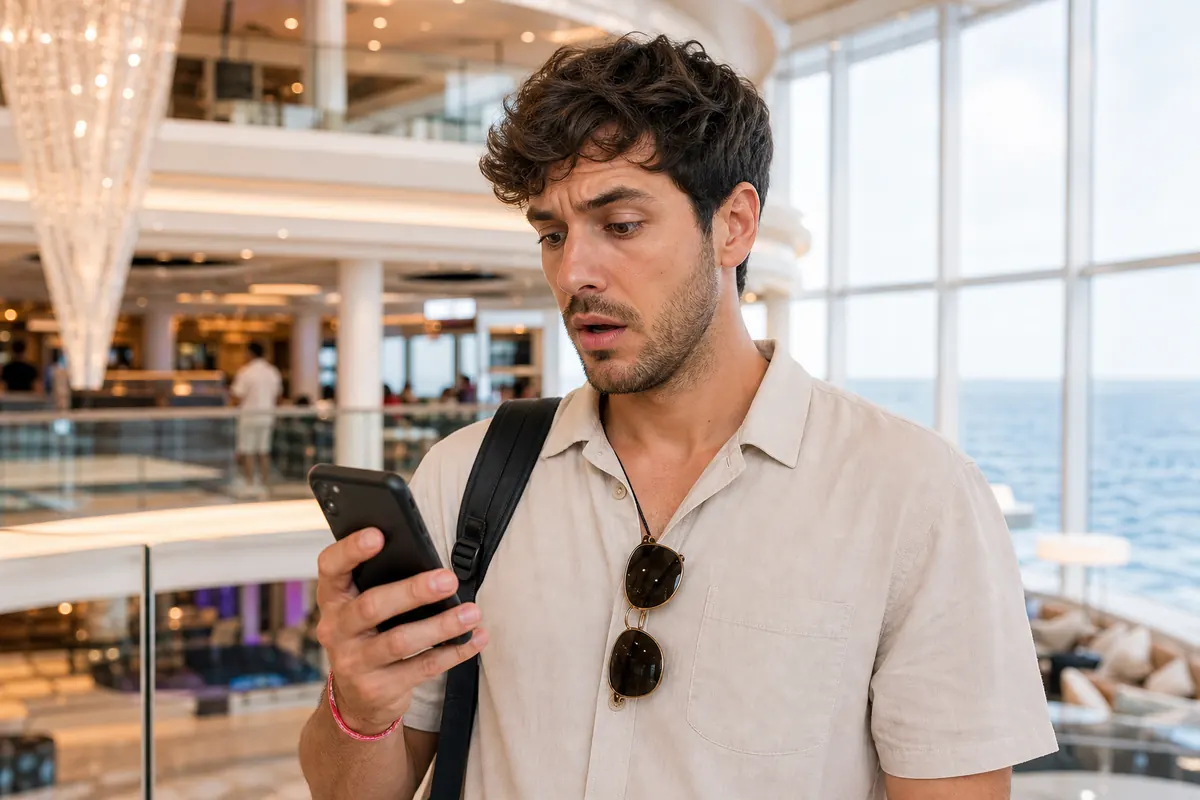 Voyageur découvrant les tarifs du Wi-Fi à bord d'une croisière