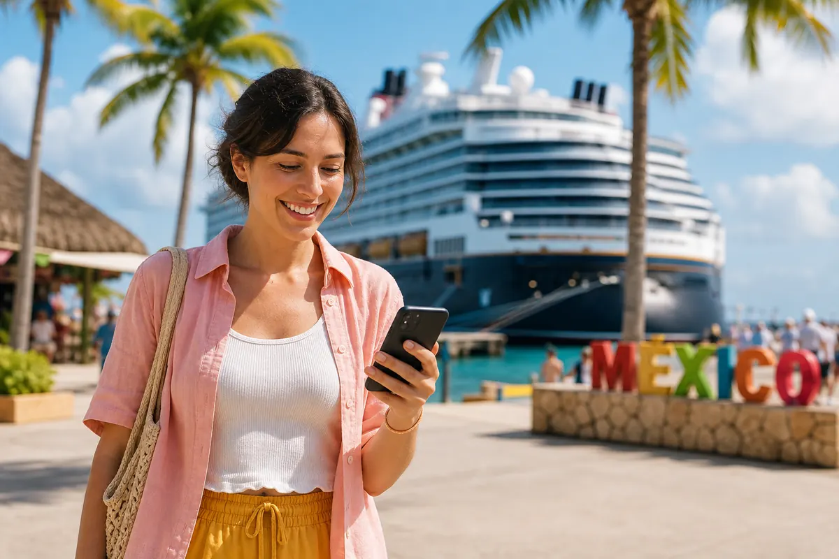 Voyageur utilisant son smartphone lors d'une escale de croisière au Mexique