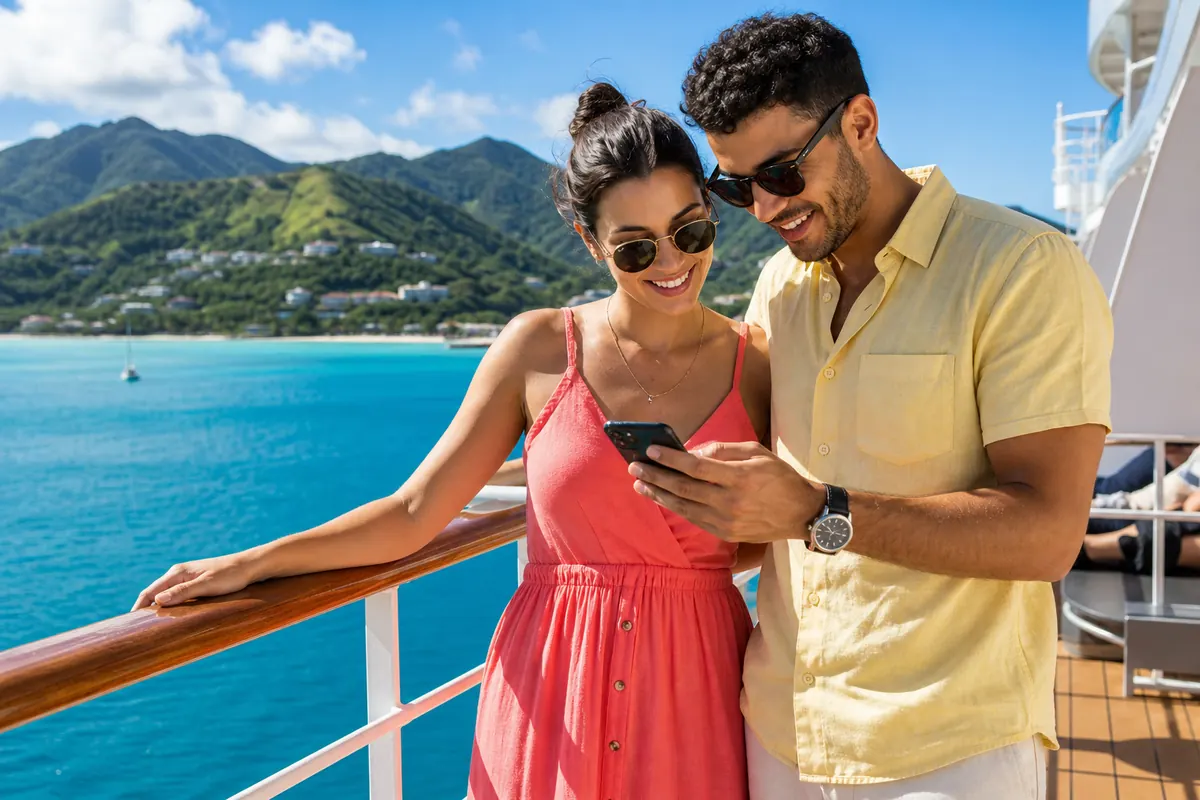 Couple planifiant son escale de croisière dans les Caraïbes sur smartphone.