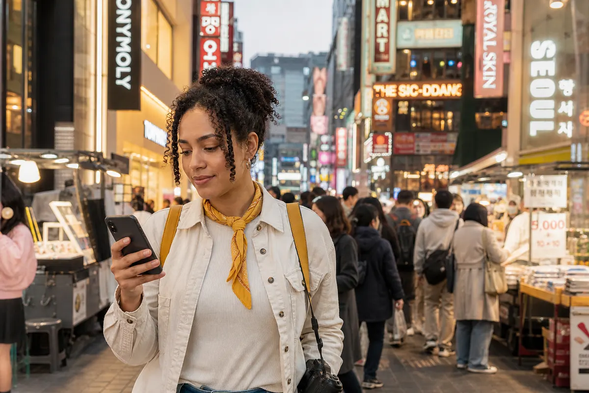 Traveler using their smartphone to navigate through the busy streets of Myeongdong.