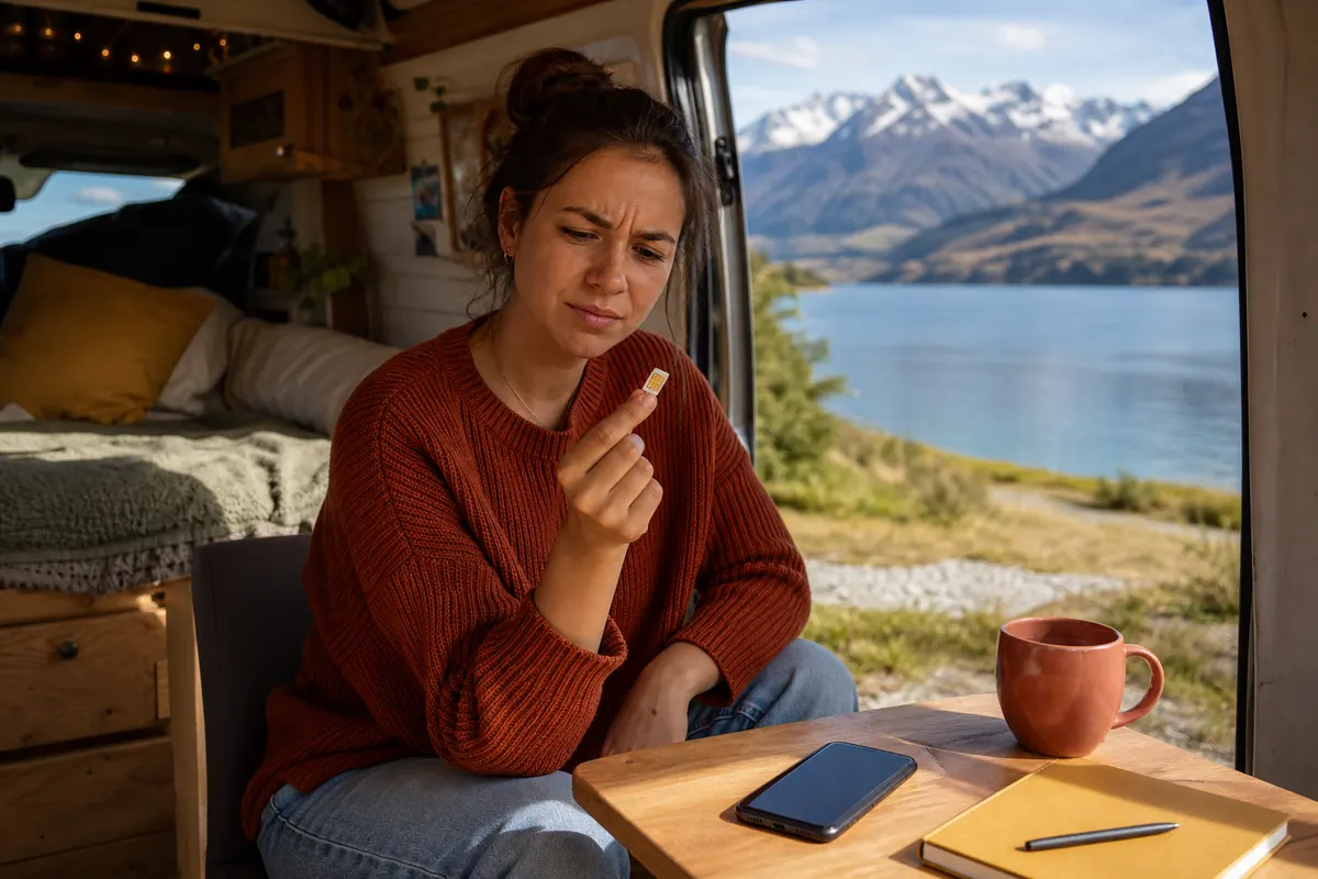 Traveler holding a physical SIM card inside a van in New Zealand.