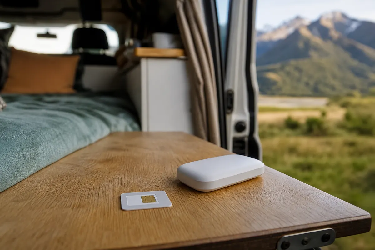 Traveler on a road trip using an eSIM on a smartphone in New Zealand.
