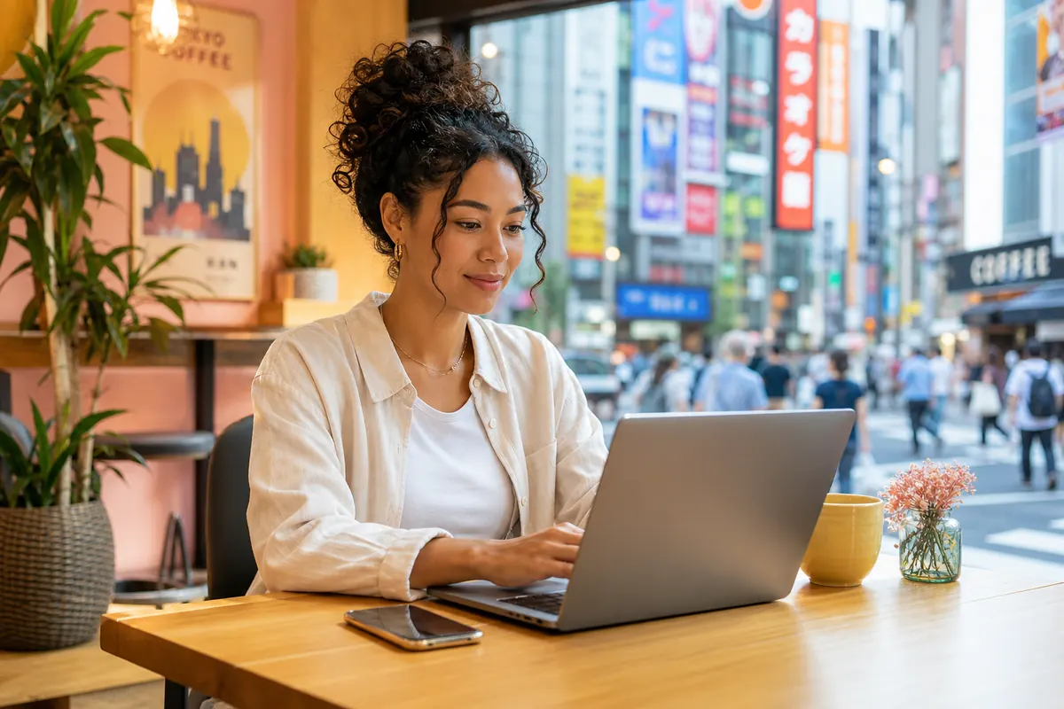 Business traveler using their smartphone as a Wi-Fi hotspot in Tokyo.