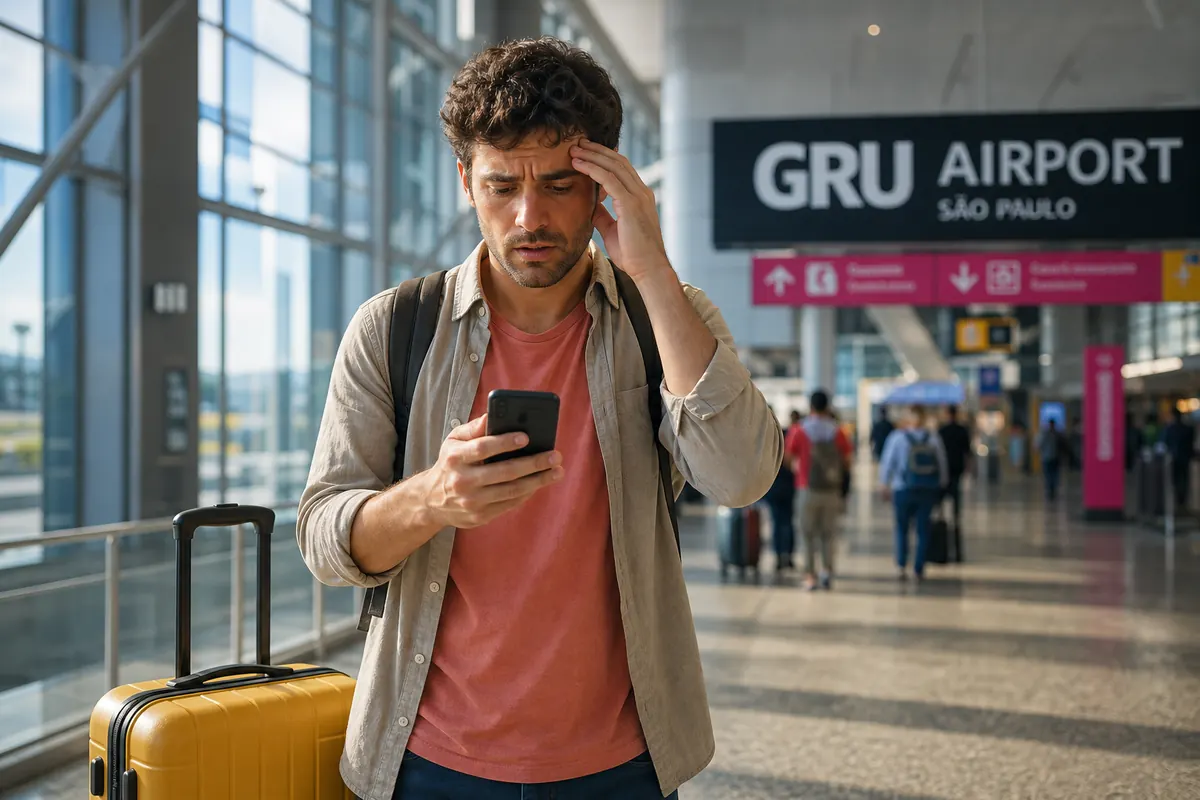 Worried traveler looking at his smartphone in São Paulo airport