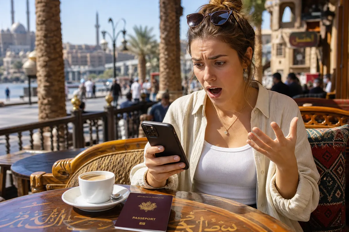 Traveler surprised by their phone bill holding a French passport.