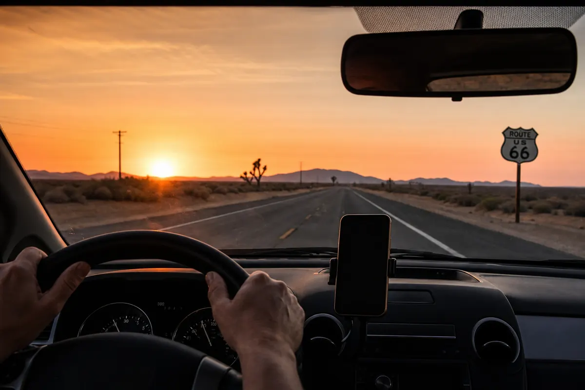 Road trip on Route 66 with a smartphone mounted on the dashboard for navigation