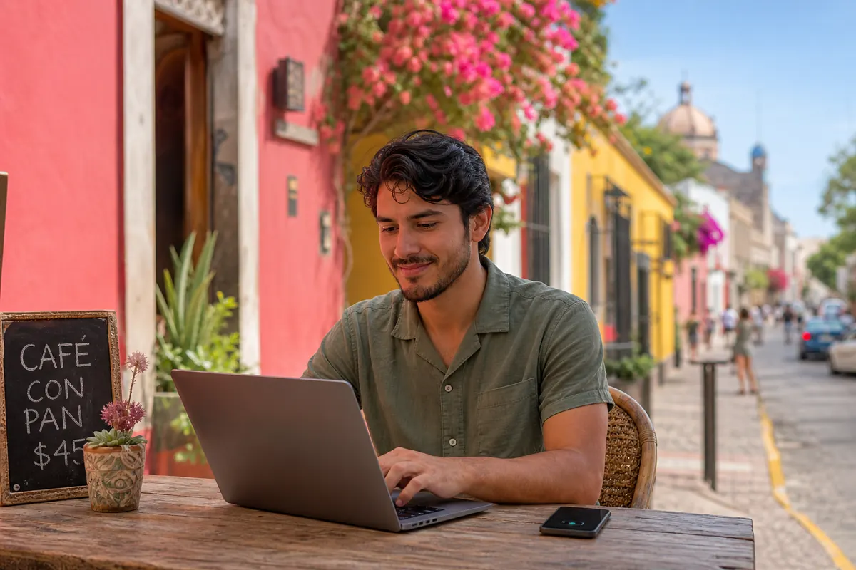 Hotspot connection between smartphone and laptop in a Mexican cafe.