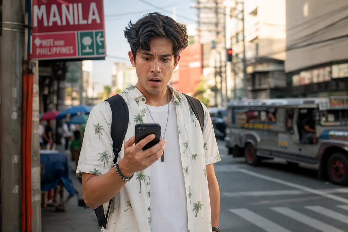 Worried tourist looking at their smartphone after receiving an out-of-bundle charge notification in the Philippines.