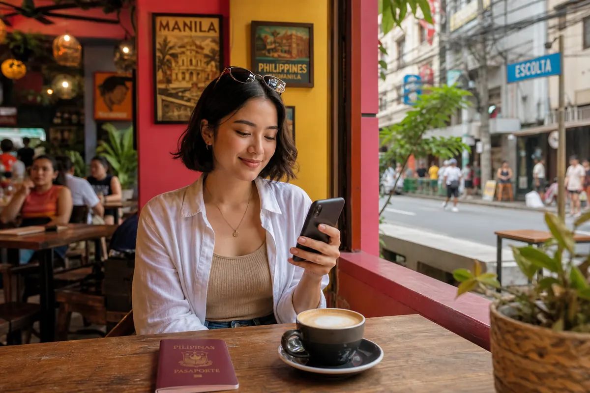 Traveler buying an eSIM on their smartphone while sitting in a cafe in Manila.