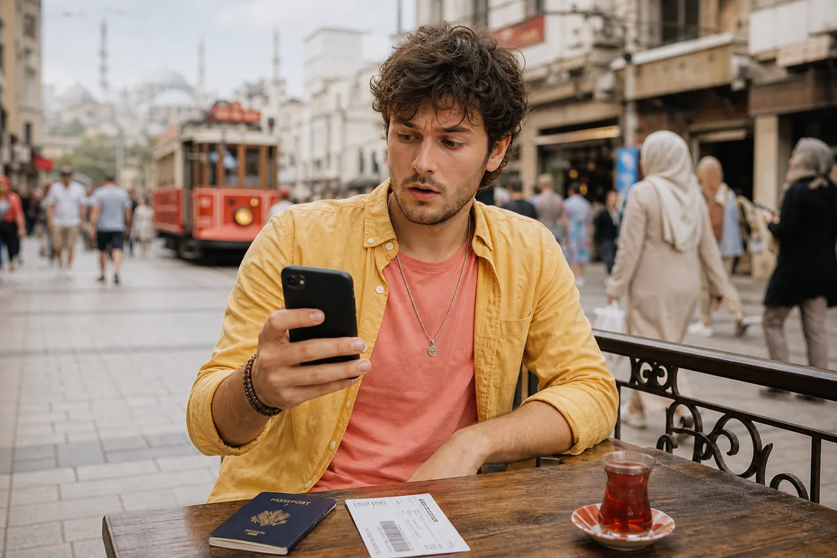 Voyageur inquiet regardant son smartphone à Istanbul, passeport sur la table.
