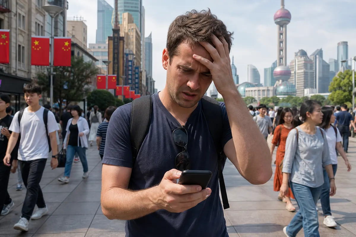 Traveler using a smartphone to navigate a busy street in Shanghai.