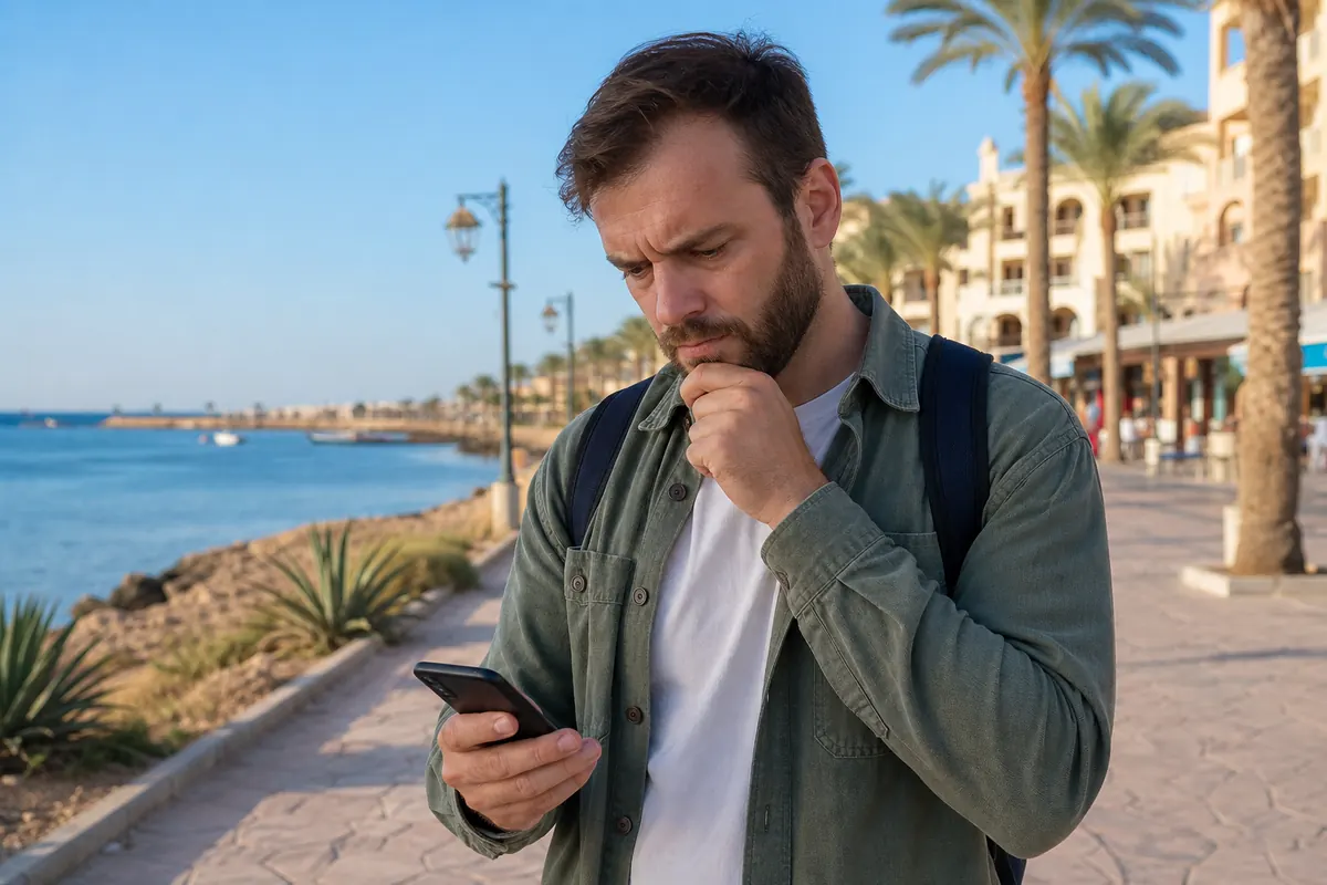 Relaxed traveler using a smartphone for internet in Hurghada, Egypt.
