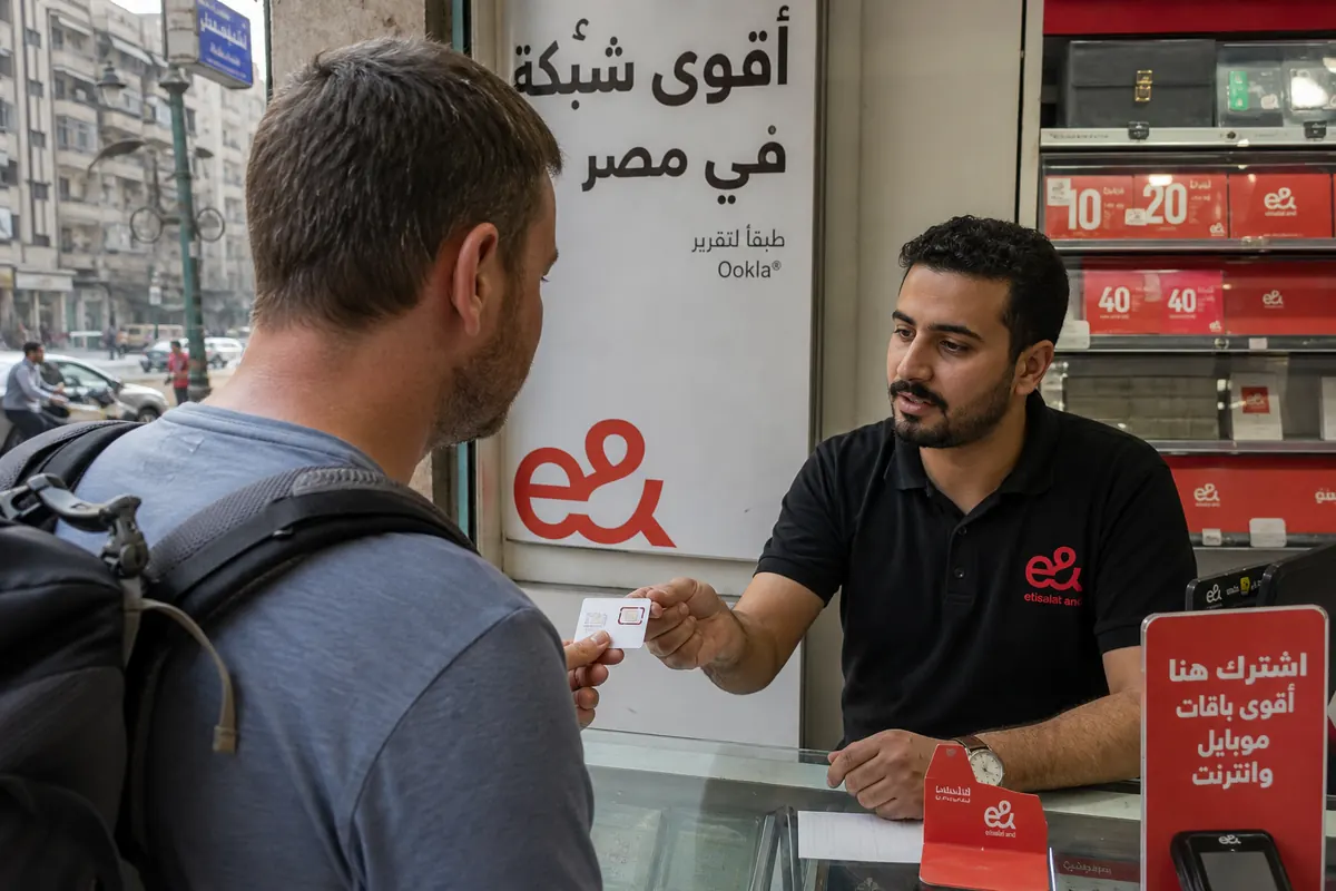 Relaxed traveler using a smartphone in Egypt with an eSIM.