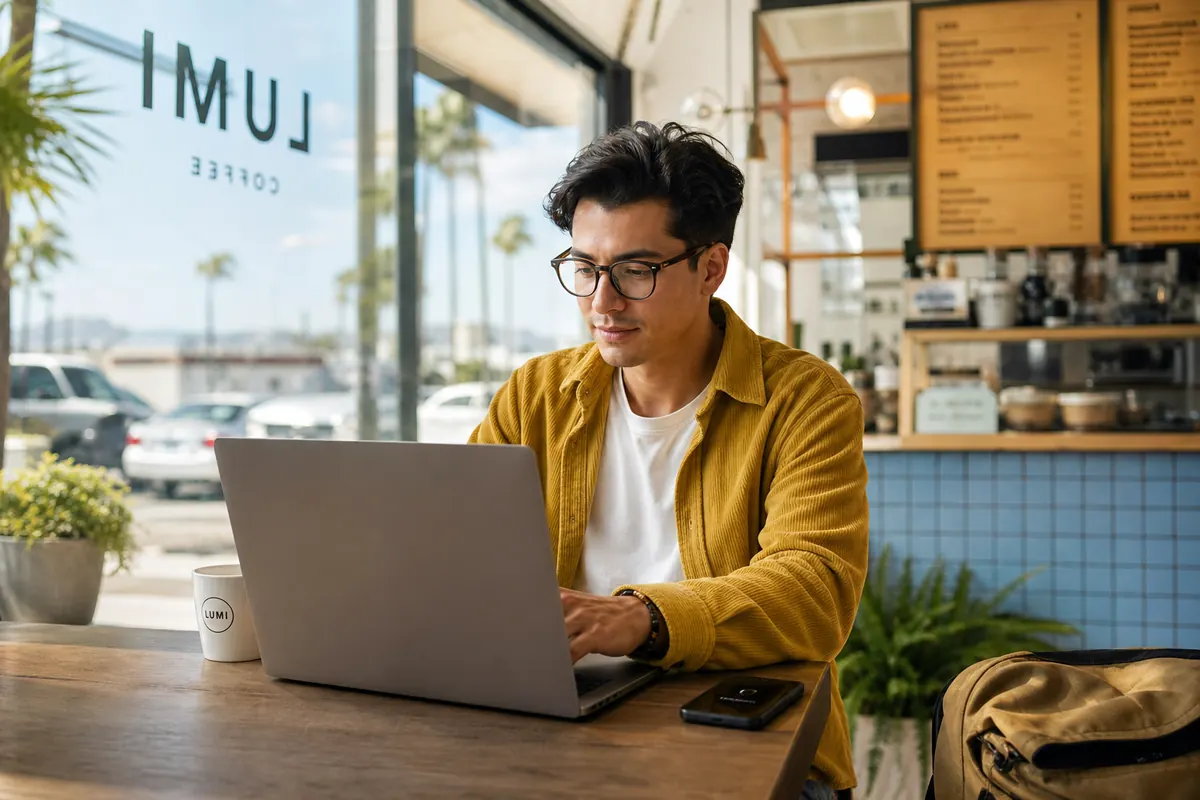 Traveler working on a laptop using a mobile hotspot connection in a California cafe.