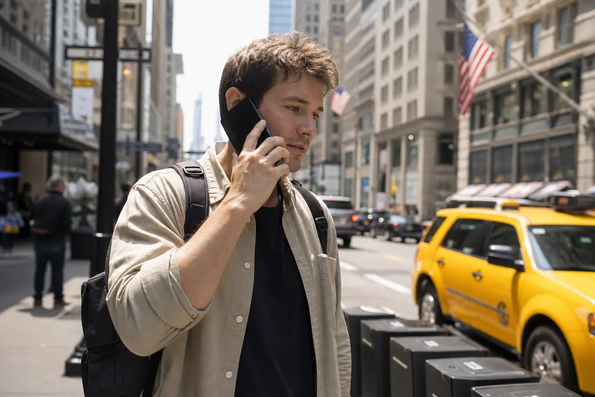 Traveler using a roaming alternative on a smartphone in the United States.