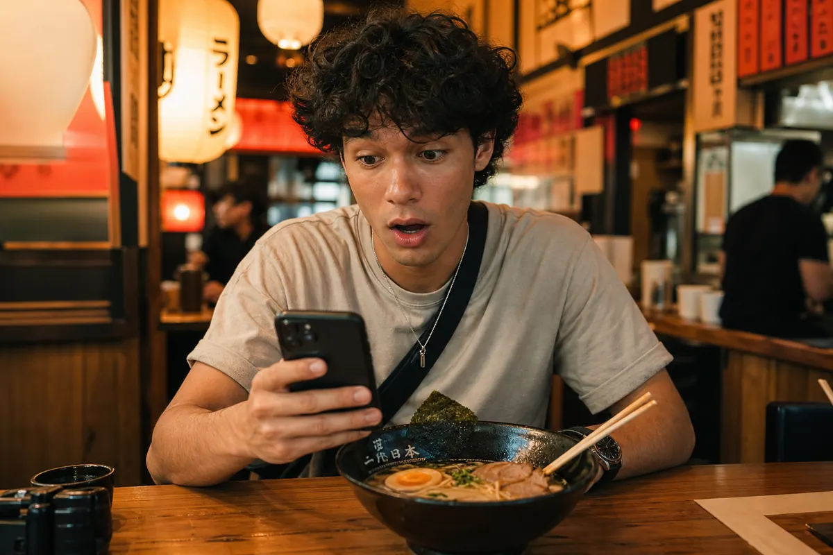 Tourist in Japan discovering high roaming fees on their smartphone screen.