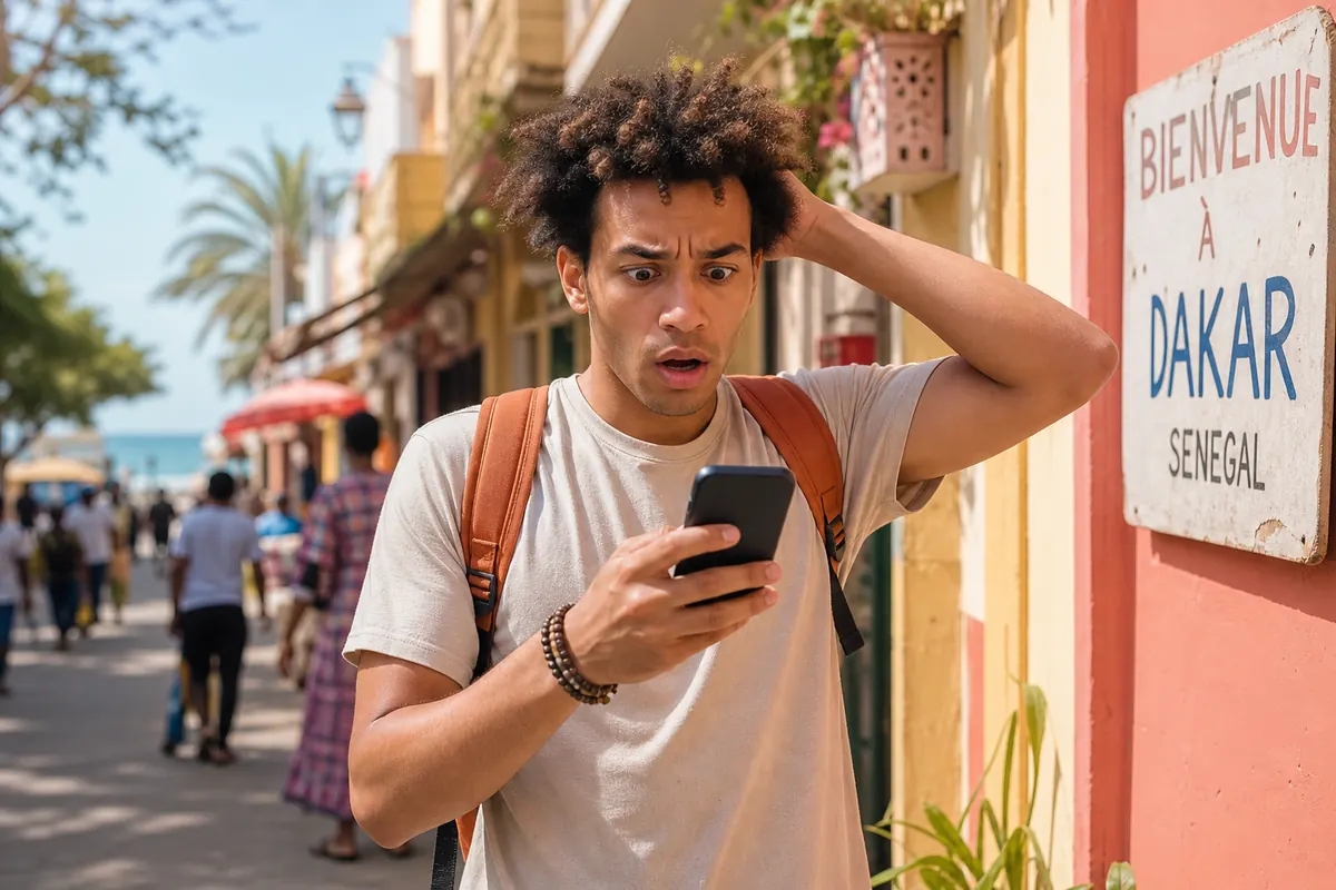 Worried traveler looking at their smartphone due to roaming charges in Senegal.