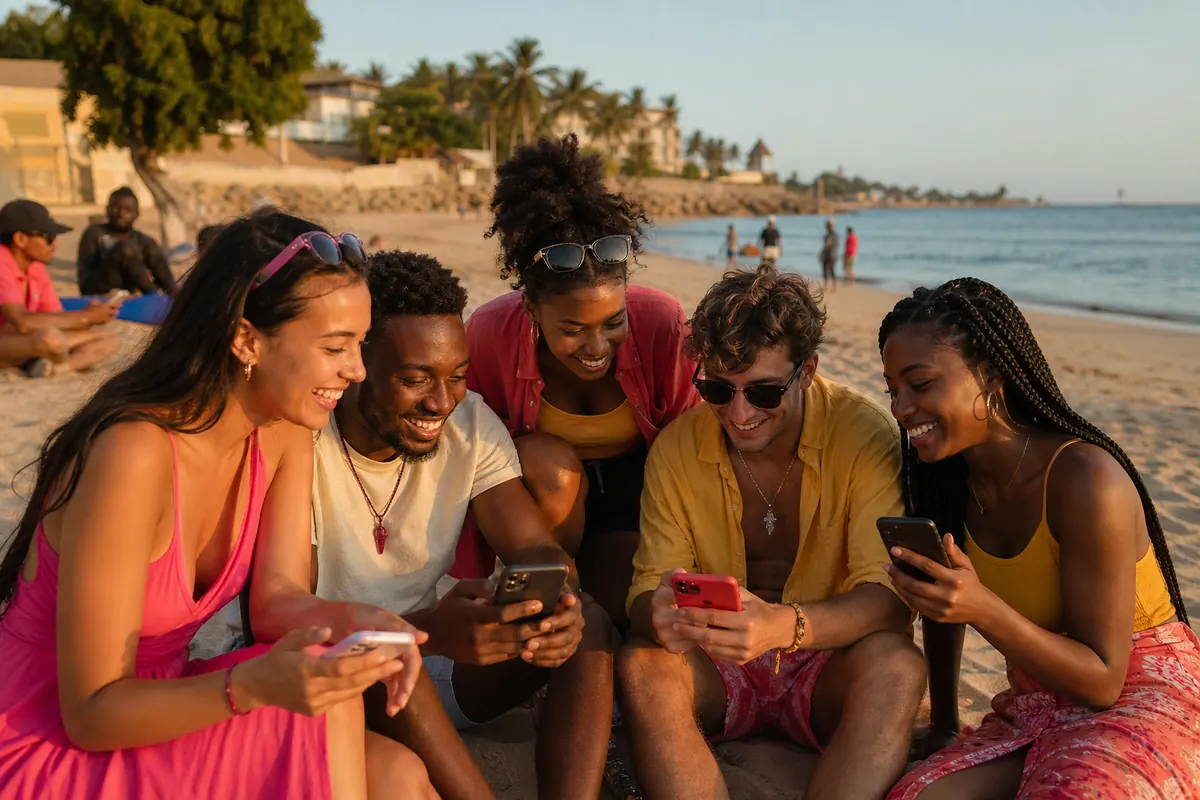 Friends sharing an internet connection on a sunny beach in Senegal.