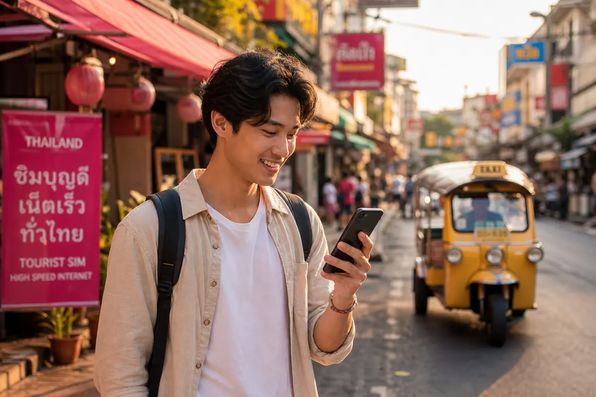 Calm traveler using their smartphone in Thailand without data issues, checking a map on a sunny street.