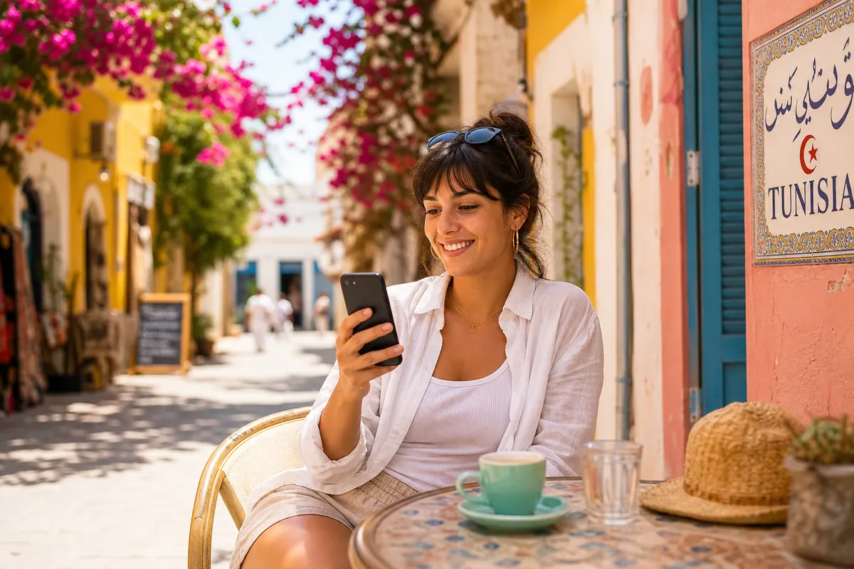 Traveler on a video call on their smartphone in Sidi Bou Said.