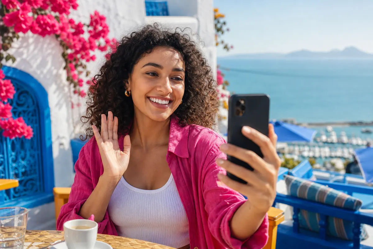 Relaxed traveler using their smartphone without roaming charges in Tunisia.