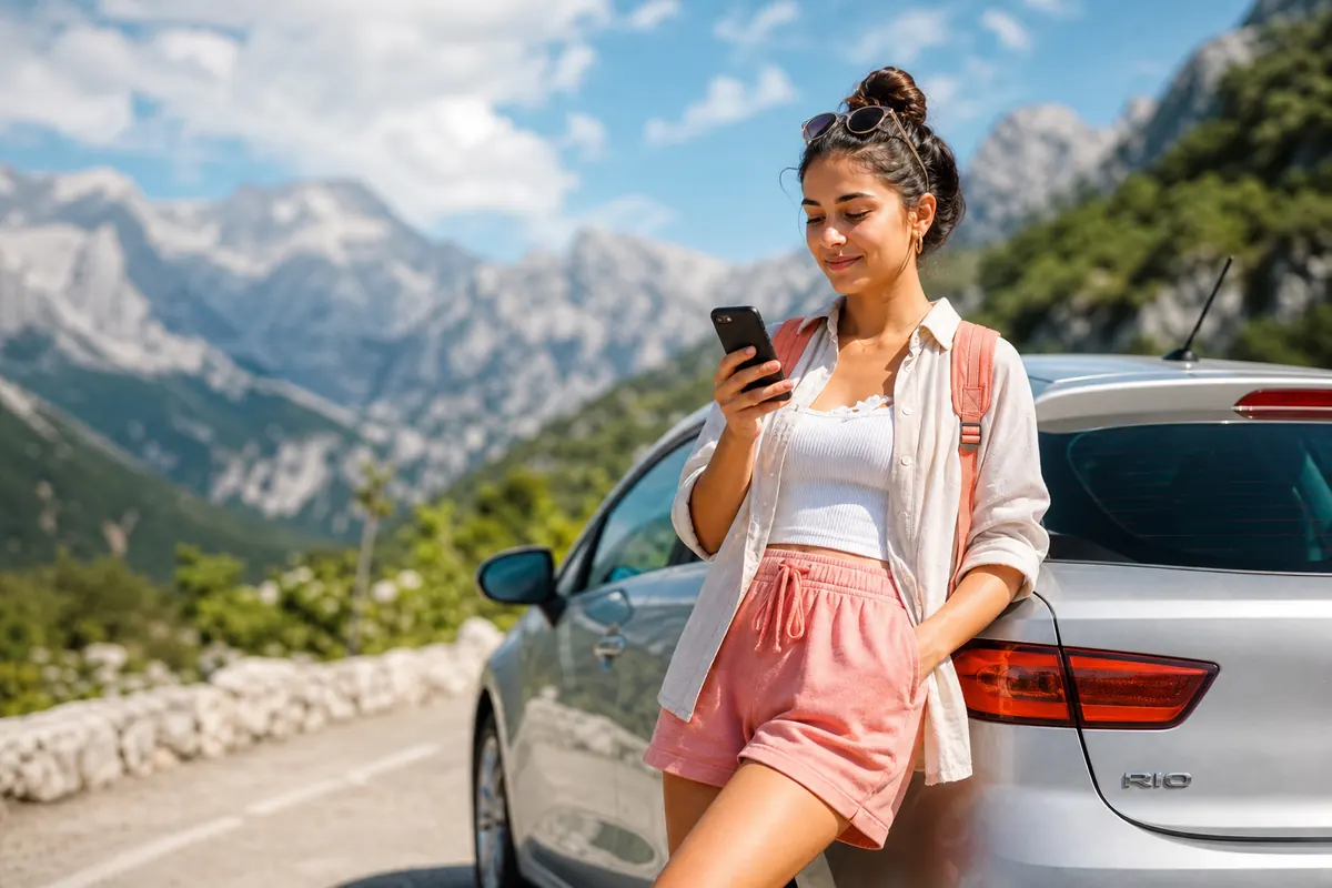 Traveler using smartphone as GPS in the Albanian Alps.